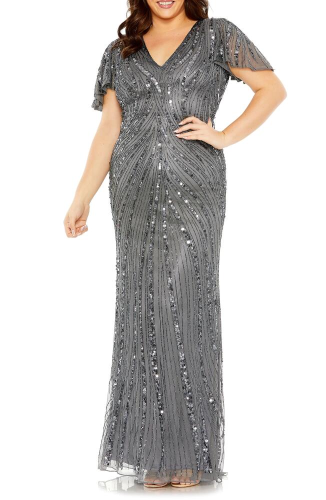 FABULOUSS BY MAC DUGGAL Embellished Flutter Sleeve Gown in Pewter Cover