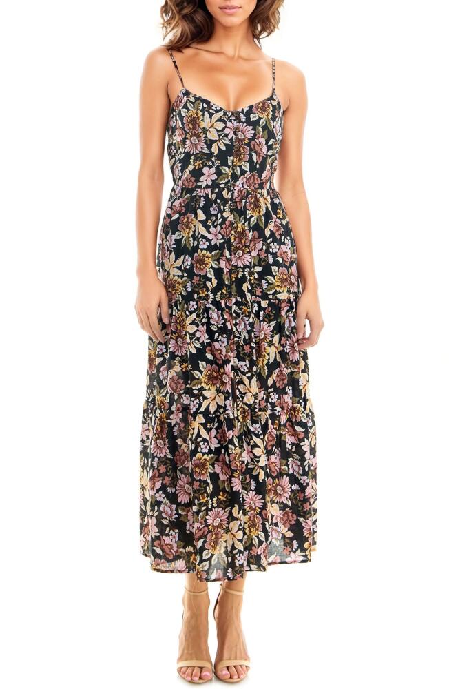 Socialite Floral Tiered Button-Up Dress in Blk Multi Floral Cover