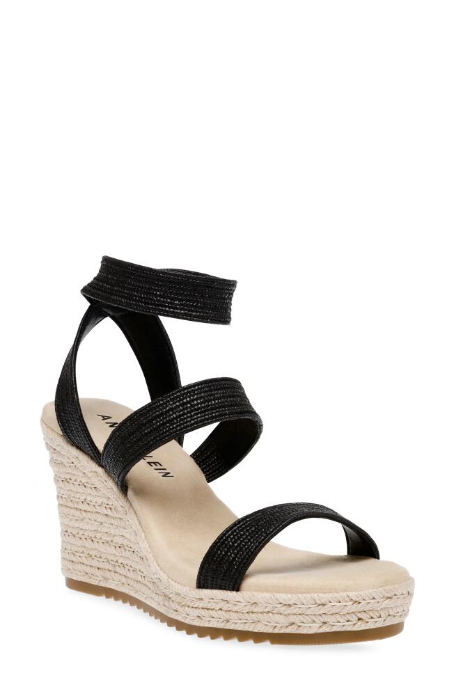 Anne Klein Willa Espadrille Wedge Raffia Sandal in Black Raffia Elastic Cover