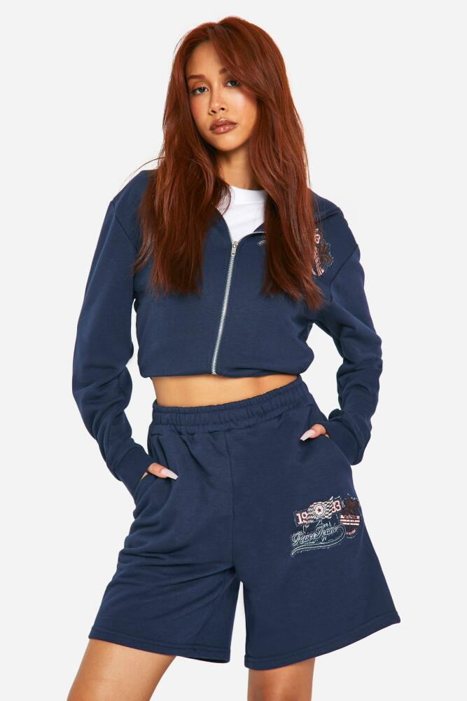 boohoo Womens Motocross Applique Badge Zip Through Crop Hoodie - Navy Cover