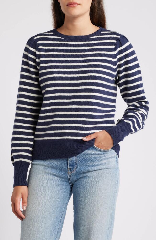 caslon(r) Puff Sleeve Cotton Blend Crewneck Sweater in Navy- Ivory Pinstripe Cover