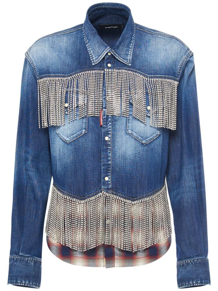 DSQUARED2 Denim & Tartan Shirt W/ Crystal Fringe Cover