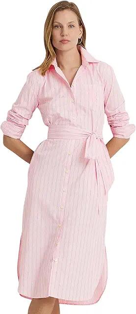 LAUREN Ralph Lauren Striped Belted Broadcloth Shirtdress (Pink/White Multi) Women's Dress Cover