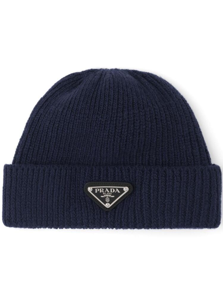 Prada triangle-logo wool-cashmere beanie - Blue Cover