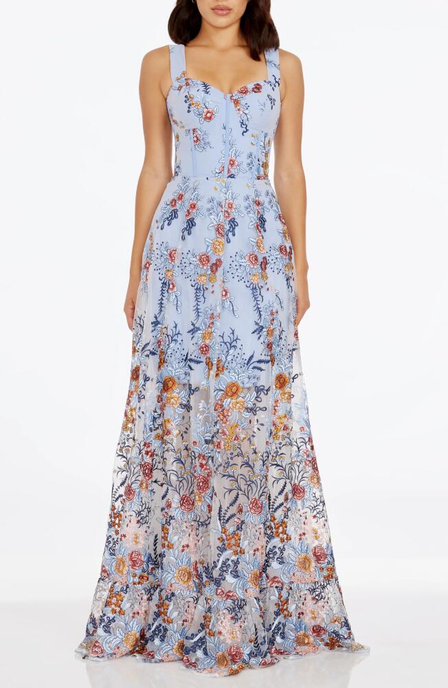 Dress the Population Anabel Floral Embroidered Chiffon Gown in Sky Multi Cover