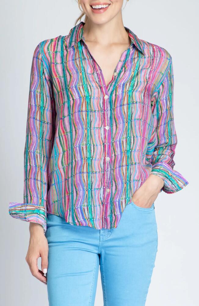 APNY Print Roll-Up Sleeve Chiffon Button-Up Shirt in Pink Multi Cover