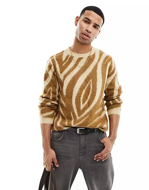 ASOS DESIGN relaxed knit fluffy sweater in brown animal print Cover