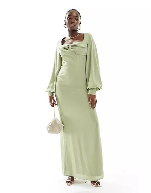 Pretty Lavish Bridesmaid balloon sleeve maxi dress in olive-Green Cover