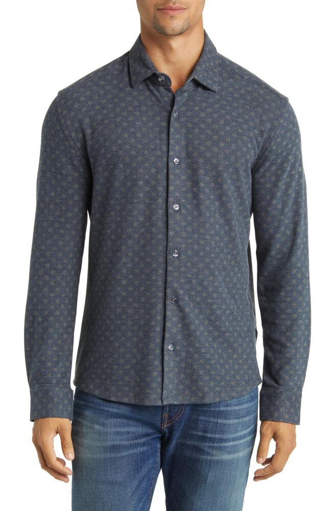 Stone Rose Geo Print Wrinkle Resistant Tech Fleece Button-Up Shirt in Navy Cover