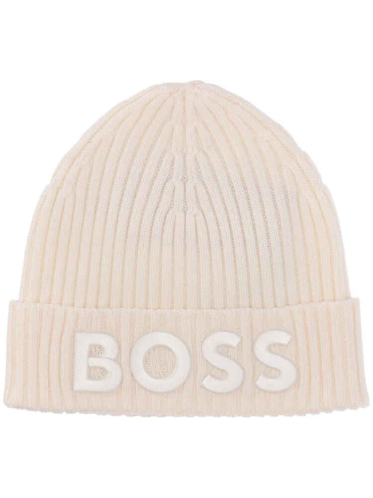 BOSS logo-appliqué ribbed beanie - Neutrals Cover