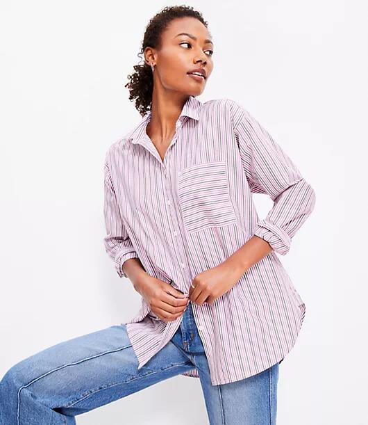 Loft Striped Cotton Poplin Everyday Oversized Pocket Shirt Cover