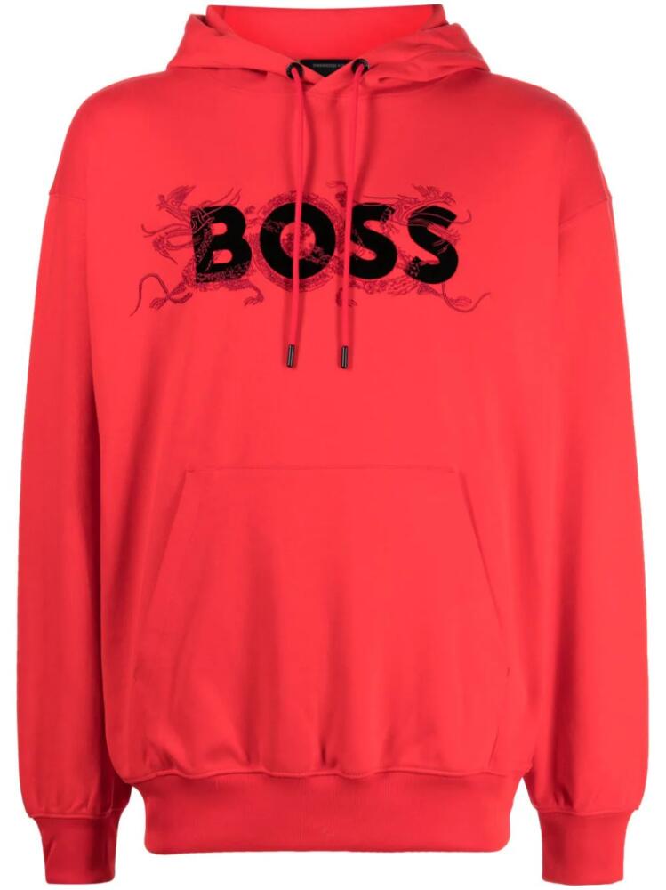 BOSS logo-appliqué drawstring hoodie - Red Cover