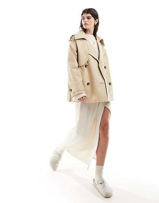 ASOS DESIGN short oversized trench coat in stone-Neutral Cover