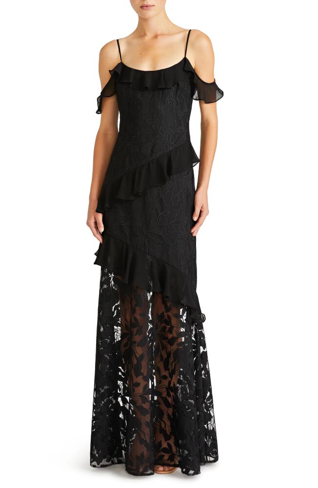 ML Monique Lhuillier Sienna Ruffle Cold Shoulder Lace Gown in Black Cover