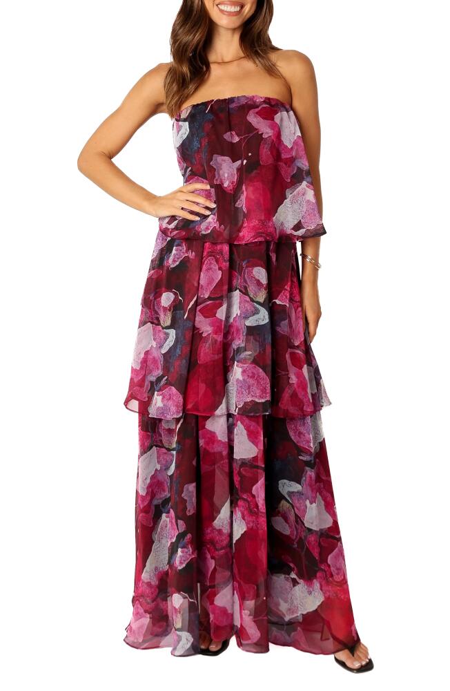 Petal & Pup Bloom Strapless Tiered Chiffon Maxi Dress in Purple Floral Cover