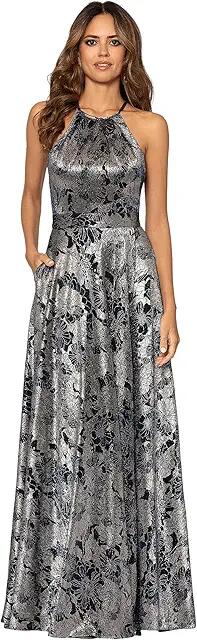 Betsy & Adam Long Foil Print Halter Gown with Wrap Skirt (Navy/Gunmetal) Women's Dress Cover