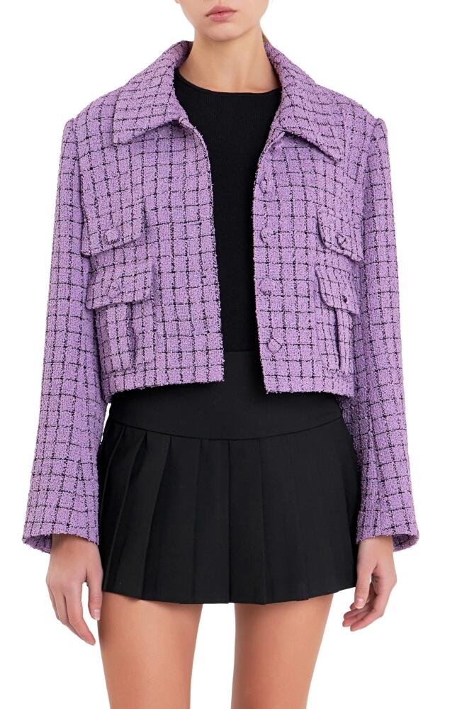 English Factory Windowpane Check Tweed Crop Blazer in Purple Cover