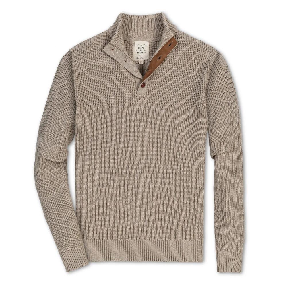 Hope & Henry Men's Organic Mock Neck Button Sweater in Taupe Marl Mix Stitch Cover