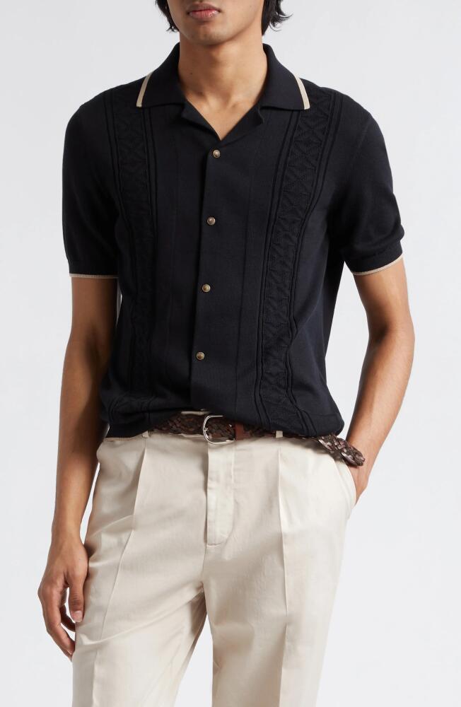 Brunello Cucinelli Geometric Jacquard Short Sleeve Cotton Knit Shirt in Cnh72 Black Cover