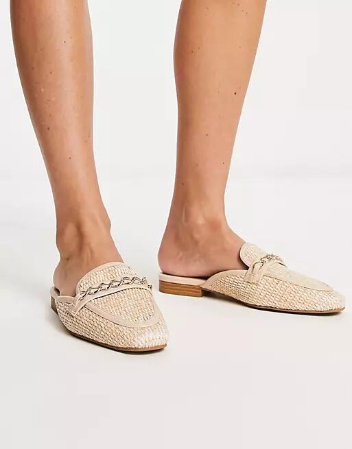 ASOS DESIGN Motto chain flat raffia mules in beige-Neutral Cover