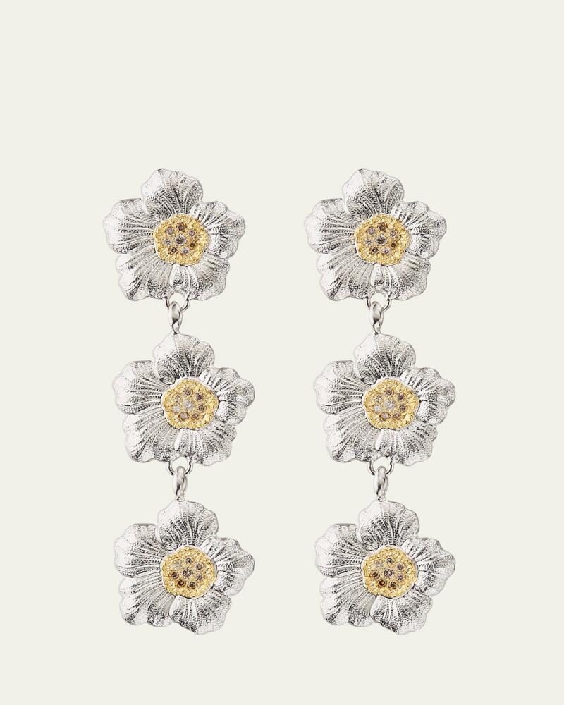 Buccellati Blossoms Gardenia Sterling Silver and 18K Yellow Gold Diamond Triple Drop Earrings Cover