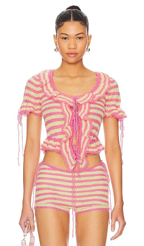 GUIZIO Ruffle Knit Tie Top in Pink Cover