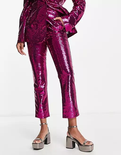 ASOS DESIGN sequin slim straight suit pants in pink Cover