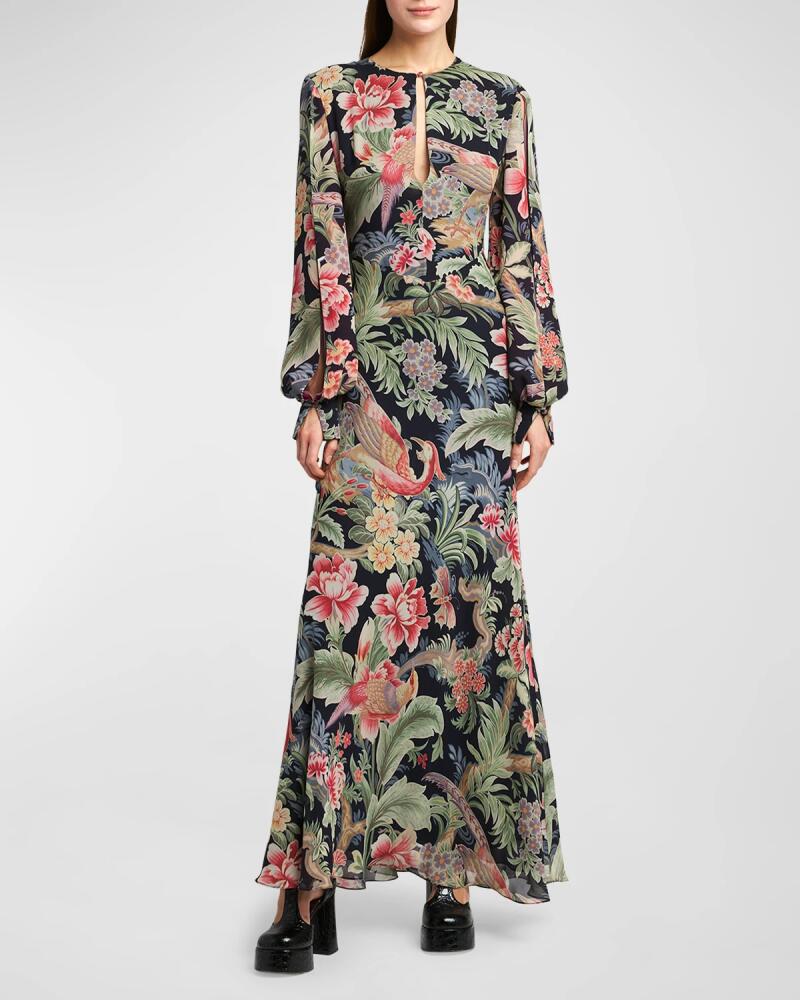 Etro Allover Floral Slit Long-Sleeve Silk Gown Cover