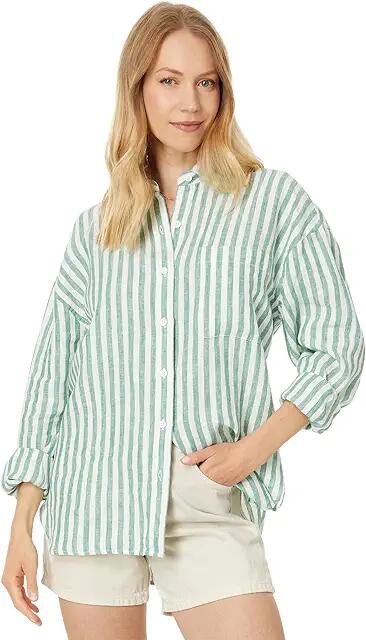 Faherty Laguna Linen Relaxed Shirt (Bottle Green Lucy Stripe) Women's Clothing Cover