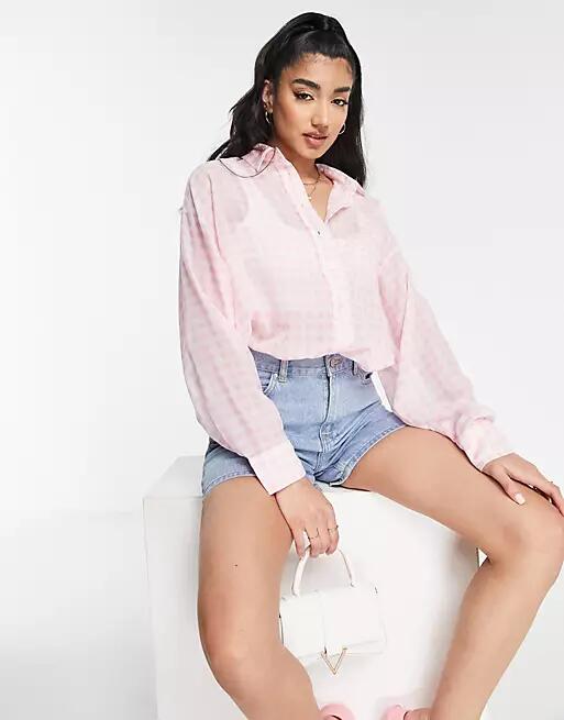 New Look oversized long sleeve shirt in pink gingham Cover