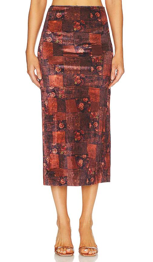 WeWoreWhat Velvet Patchwork Midi Skirt in Burgundy Cover