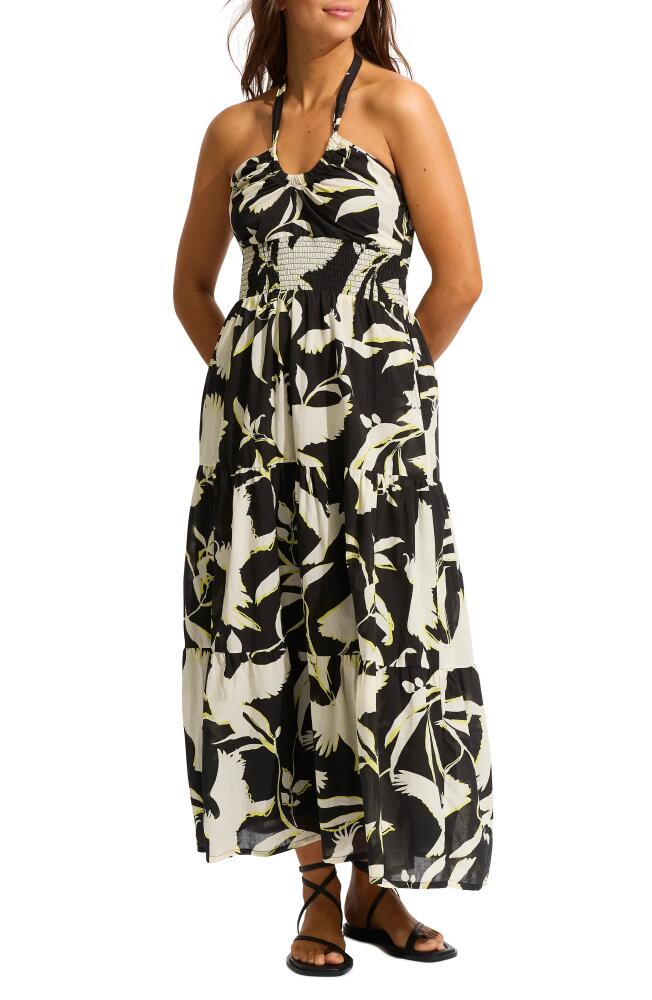 Seafolly Birds of Paradise Halter Tiered Cotton Cover-Up Maxi Dress in Black Cover