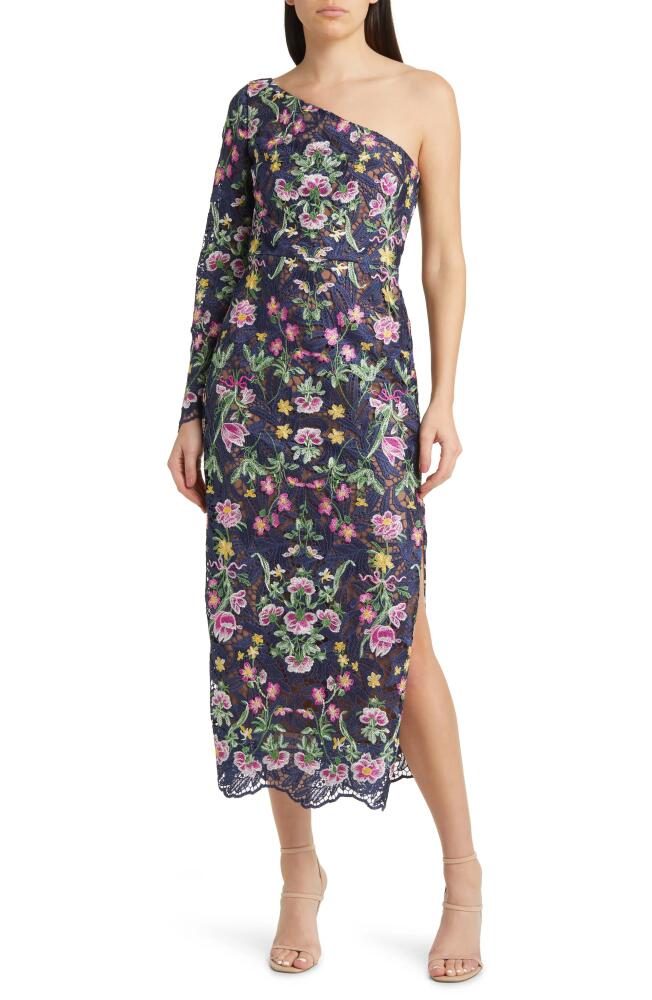 Marchesa Notte Floral Embroidered Long Sleeve One-Shoulder Dress in Navy Cover