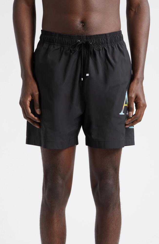 AMIRI Staggered Chrome Drawstring Swim Trunks in Black Cover