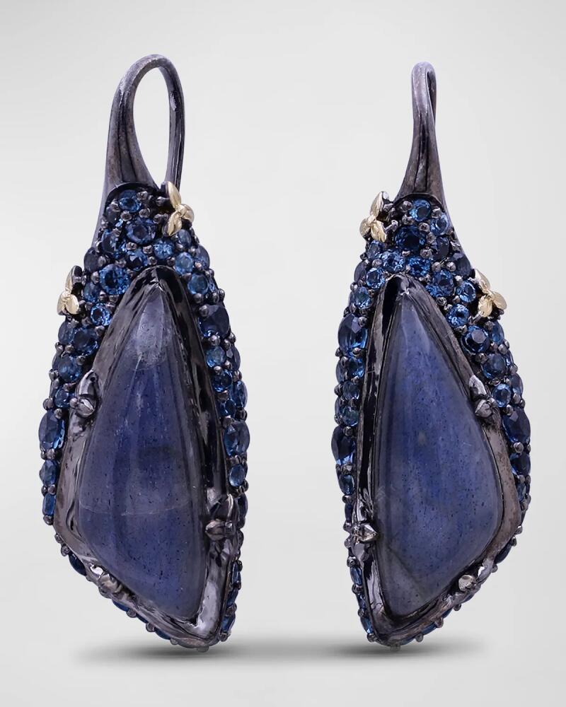 Stephen Dweck Moonstone and Blue Topaz Earrings in Blackened Sterling Silver with 18K Gold Flowers Cover