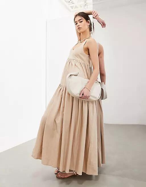 ASOS EDITION super full scoop neck tiered maxi dress in oatmeal-Neutral Cover