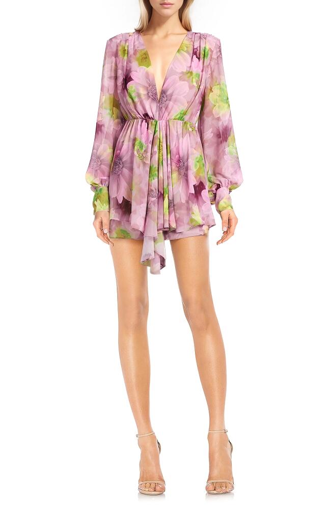 Jewel Badgley Mischka Floral Deep V-Neck Long Sleeve Minidress in Pink Multi Cover