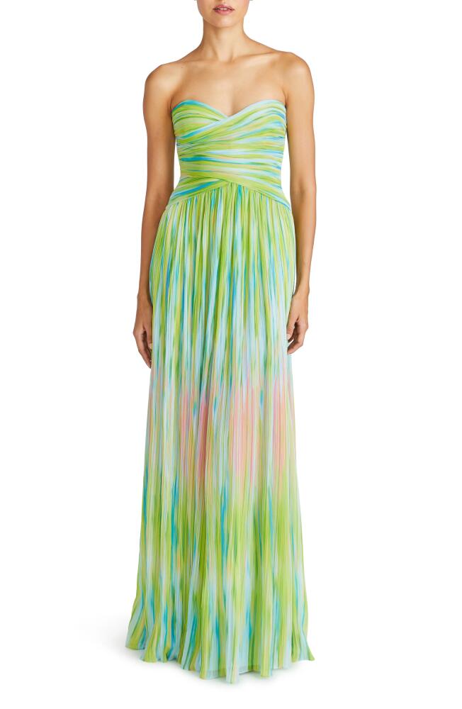 ML Monique Lhuillier Mila Pleated Print Strapless Chiffon Gown in Electric Stripe Cover