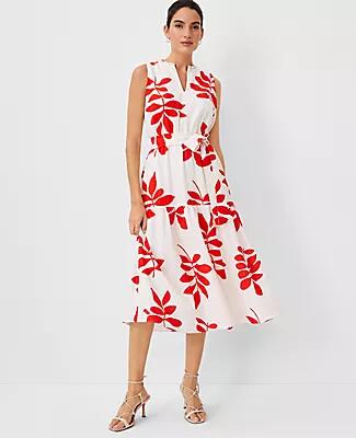 Ann Taylor Petite Leaf Split Neck Flare Midi Dress Cover