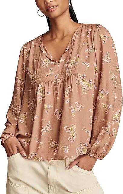 Lucky Brand Printed Volume Sleeve Peasant Top (Taupe Floral) Women's Clothing Cover