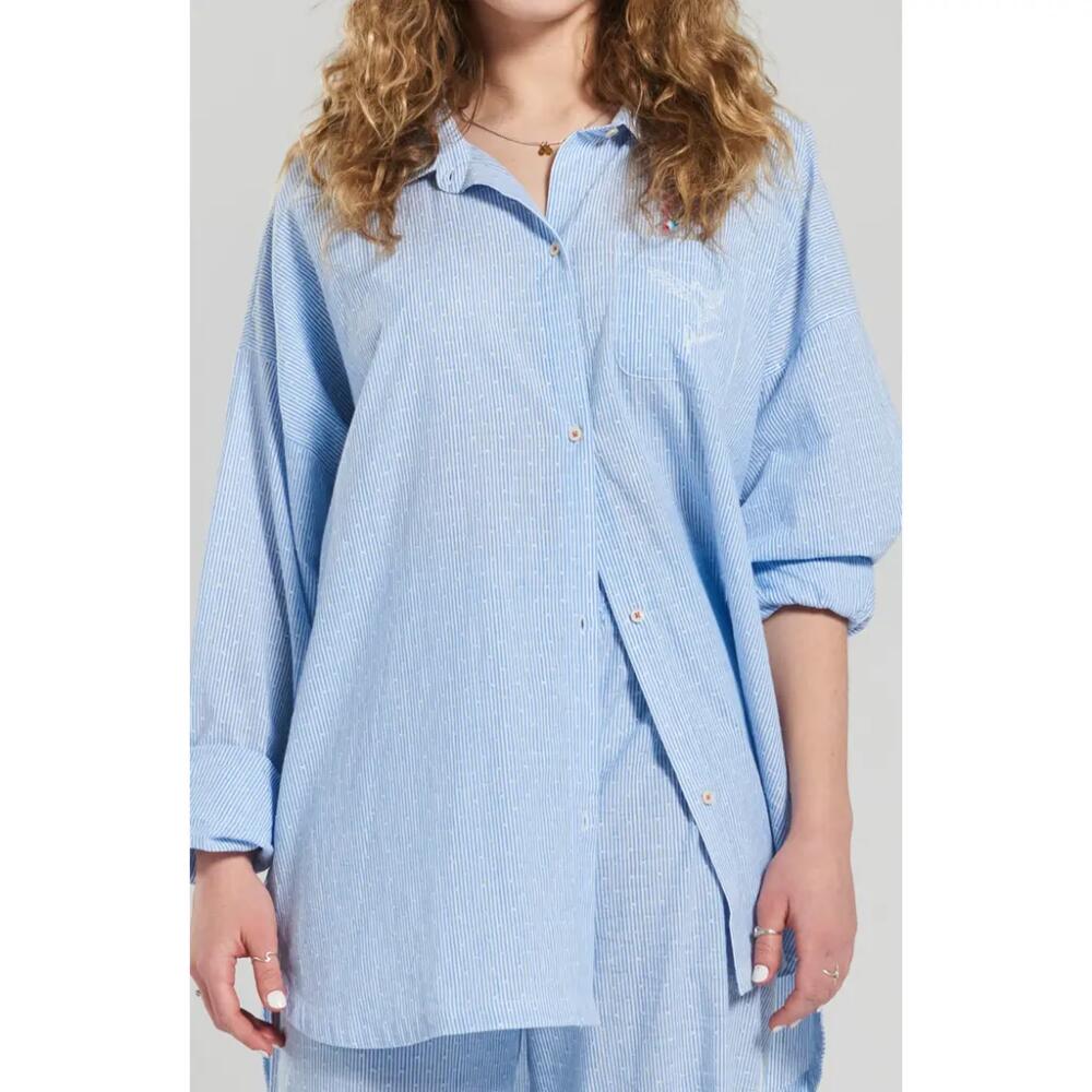 PEACHAUS Yew Striped Ethical-Cotton Pajama Shirt in Mountain Blue Cover