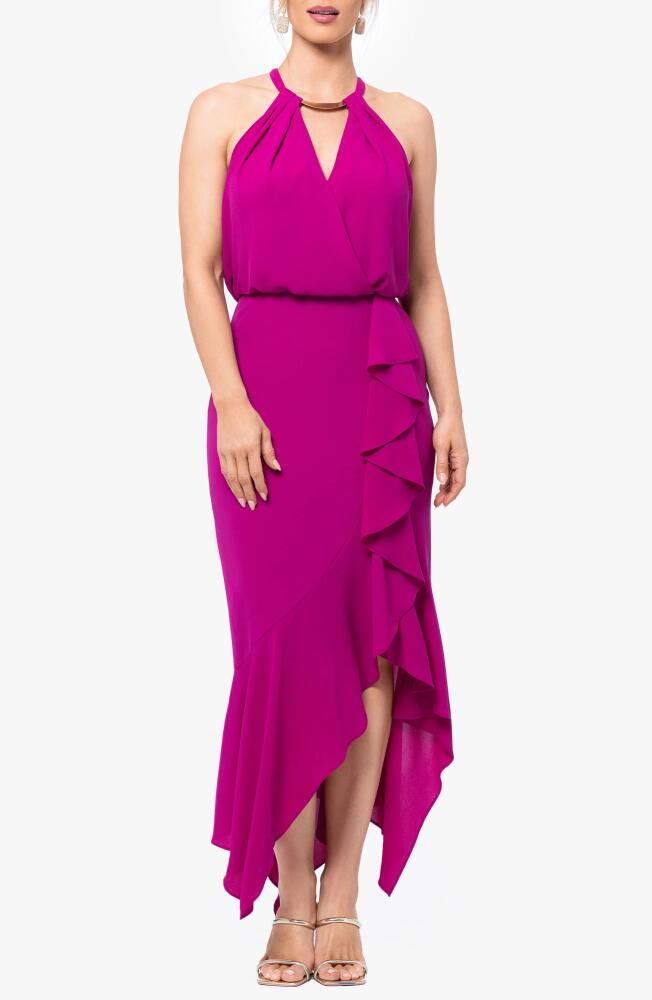 Xscape Evenings Ruffle Detail Crepe High-Low Gown in Orchid Cover