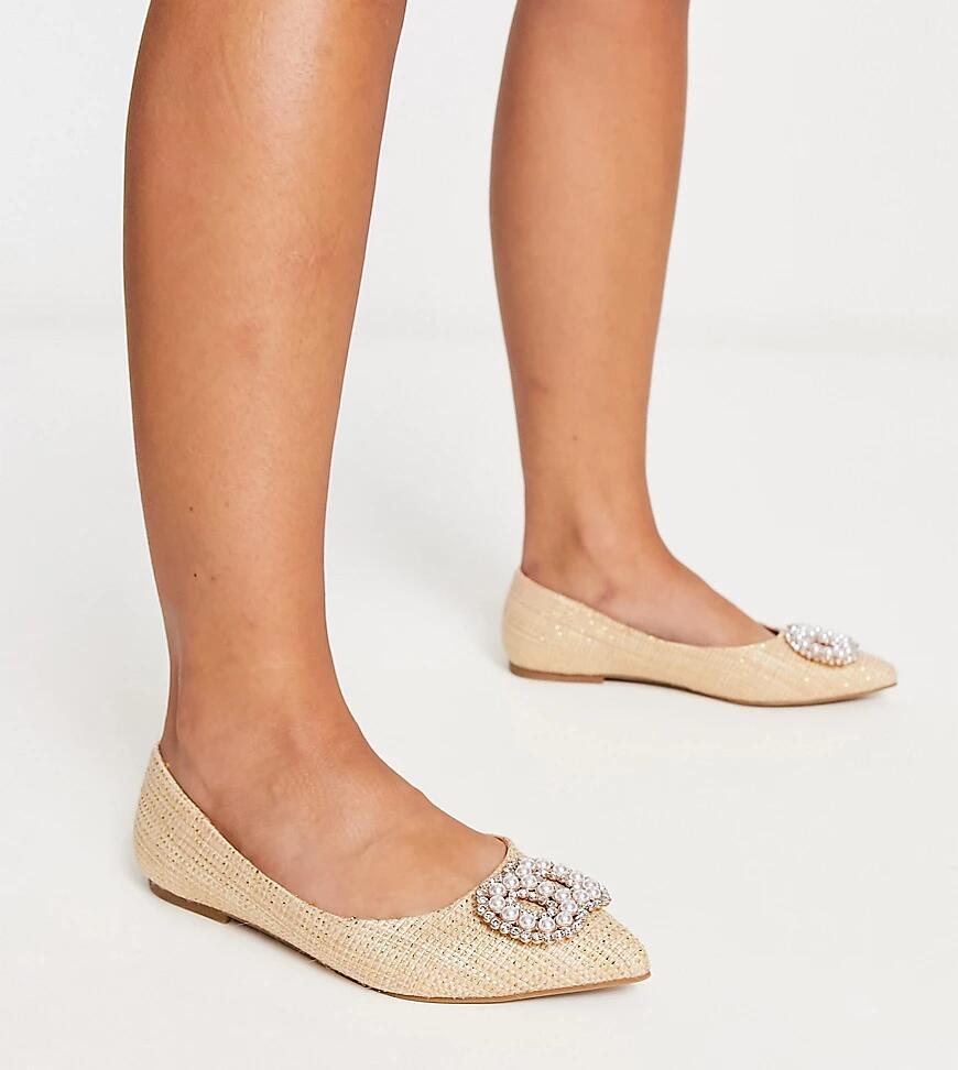 ASOS DESIGN Wide Fit Lola faux pearl pointed ballet flats in natural-Neutral Cover