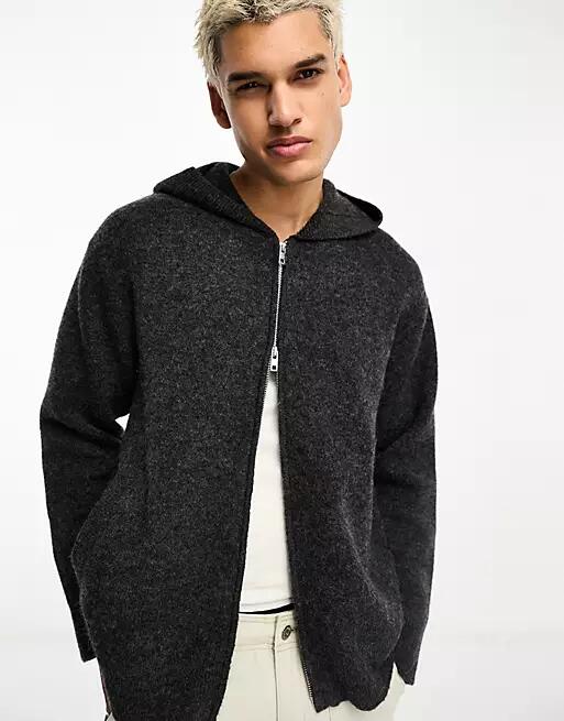 Weekday Logan oversized zip through cardigan with hood in dark gray Cover