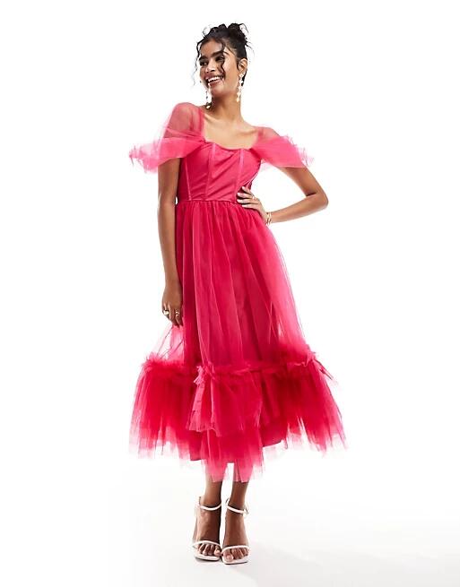 Lace & Beads corset ruffle tulle midaxi dress in pink Cover