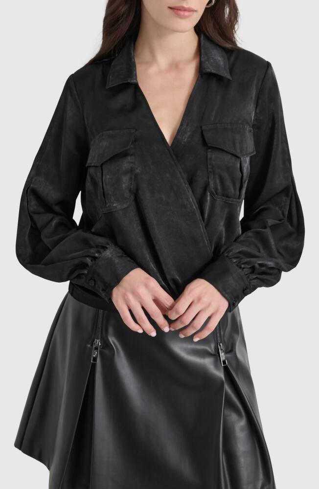 DKNY Long Sleeve Faux Wrap Shirt in Black Cover