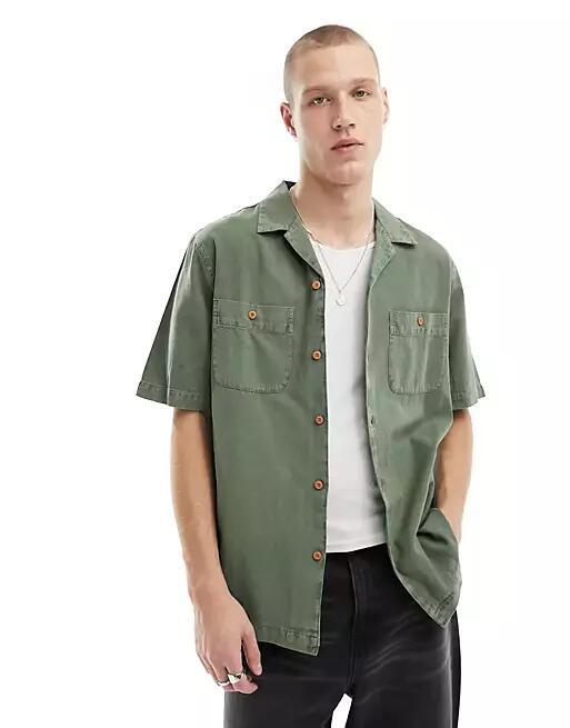 Cotton On contrast sleeve sage short sleeve utility shirt-Green Cover