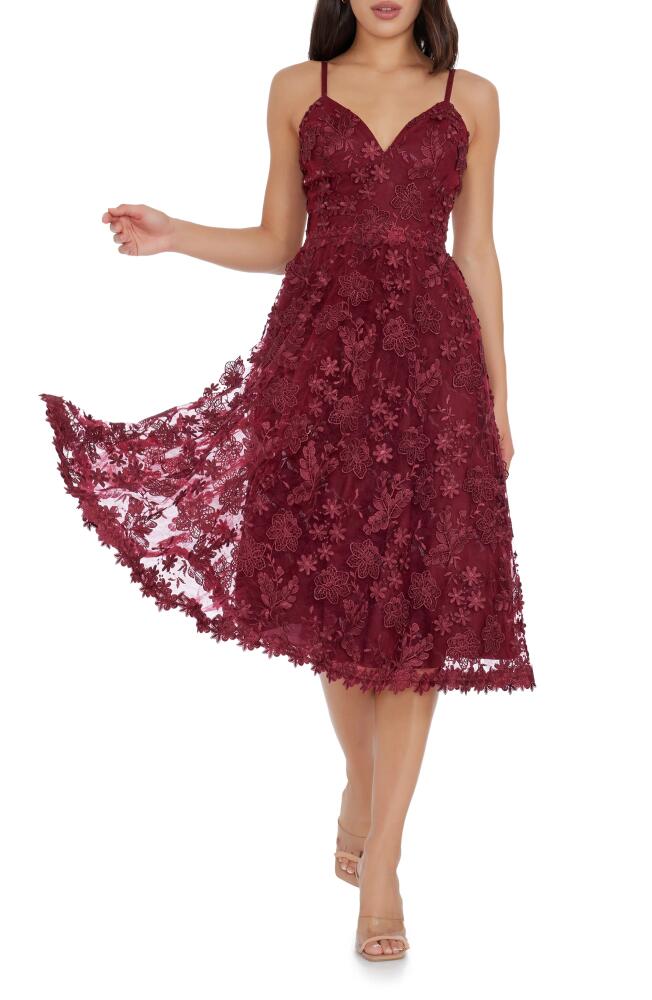 Dress the Population Tahani Floral Embroidered Fit & Flare Midi Dress in Burgundy Cover