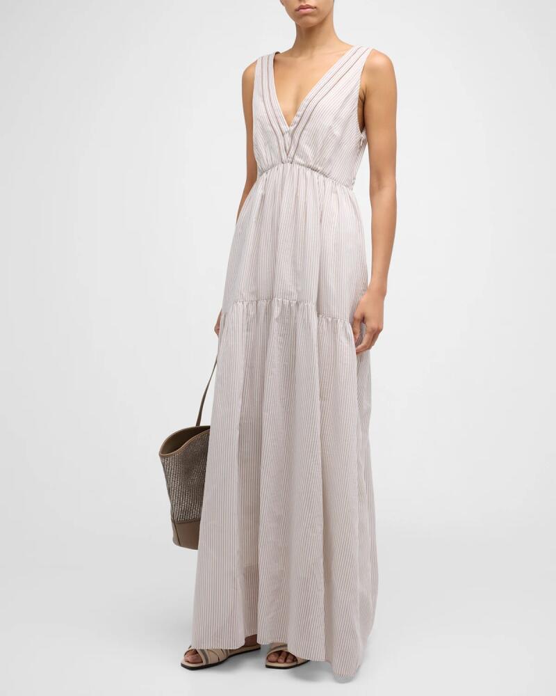 Brunello Cucinelli Cotton Silk Striped Maxi Dress with Ruffled Waist and Monili Detail Cover