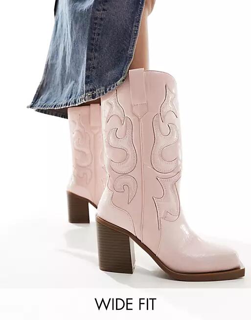 Public Desire Wide Fit Texas western mid ankle boots with snake print in pink Cover